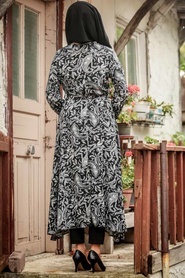 Neva Style - Desenli Siyah Tesettür Elbise 3328S - Thumbnail