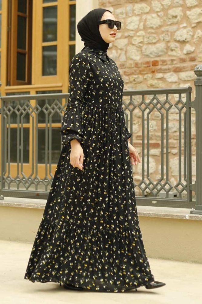  Desenli Siyah Tesettür Elbise 33370S - 1