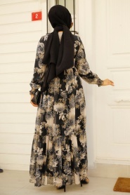 Neva Style - Desenli Siyah Tesettür Elbise 33560S - Thumbnail