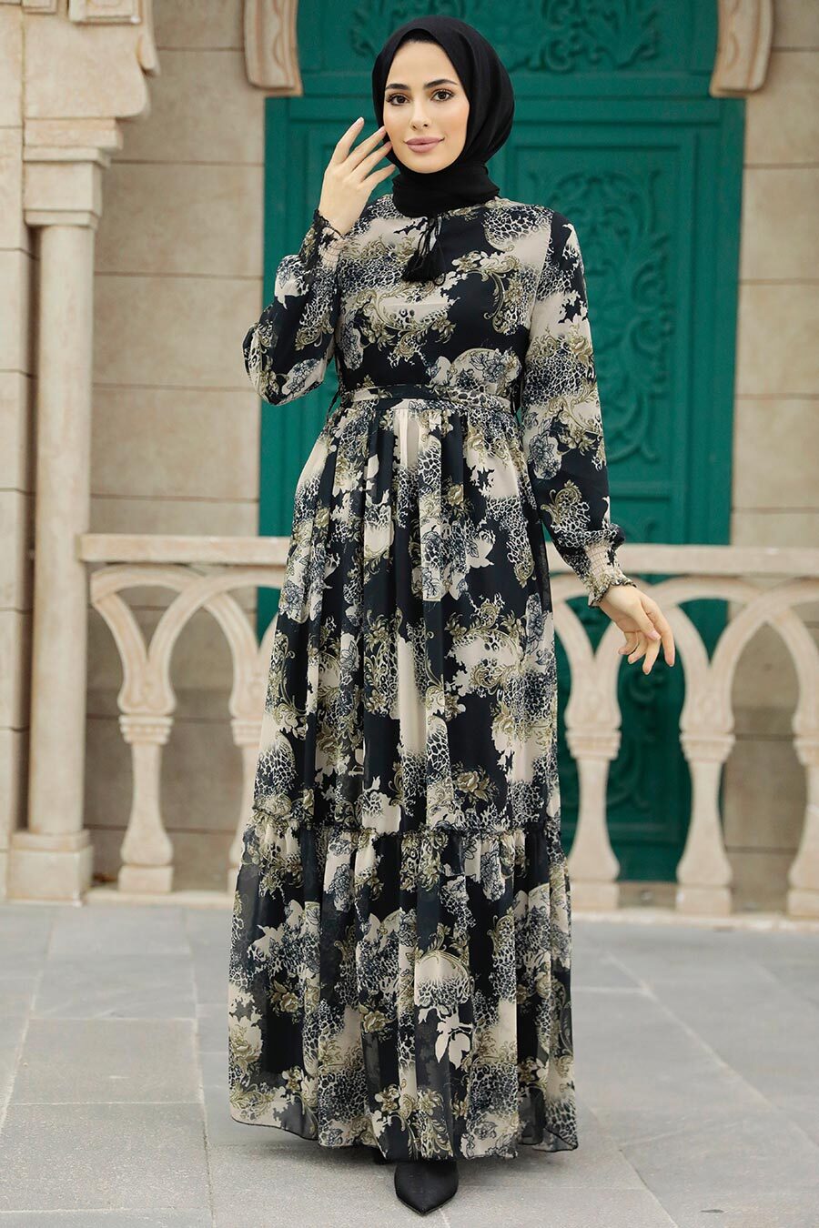 Neva Style - Desenli Siyah Tesettür Elbise 33560S
