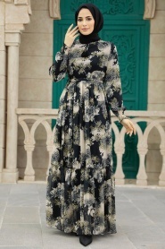 Neva Style - Desenli Siyah Tesettür Elbise 33560S - Thumbnail