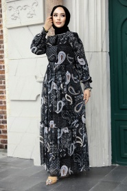 Neva Style - Desenli Siyah Tesettür Elbise 33561S - Thumbnail
