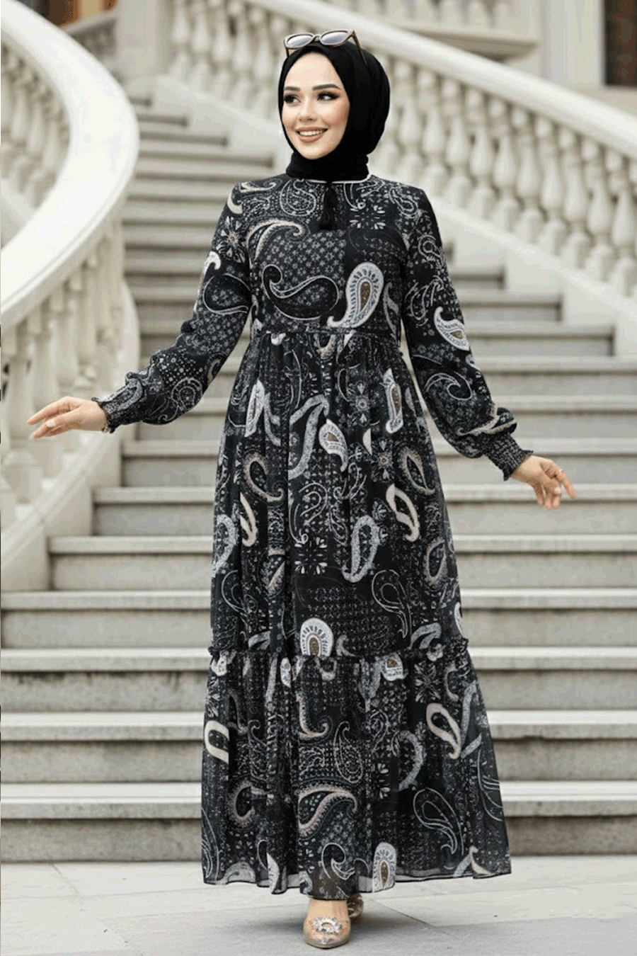  Desenli Siyah Tesettür Elbise 33561S