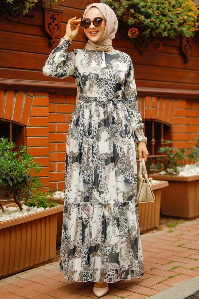 Neva Style - Desenli Siyah Tesettür Elbise 33562S - 2