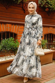 Neva Style - Desenli Siyah Tesettür Elbise 33562S - Thumbnail
