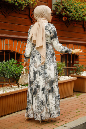 Neva Style - Desenli Siyah Tesettür Elbise 33562S - 4