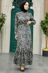 Neva Style - Desenli Siyah Tesettür Elbise 3430S - Thumbnail