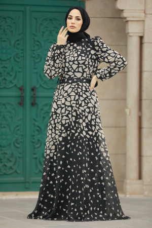  Desenli Siyah Tesettür Elbise 39461S - 3