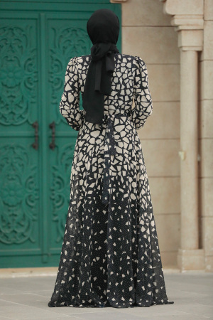  Desenli Siyah Tesettür Elbise 39461S - 4