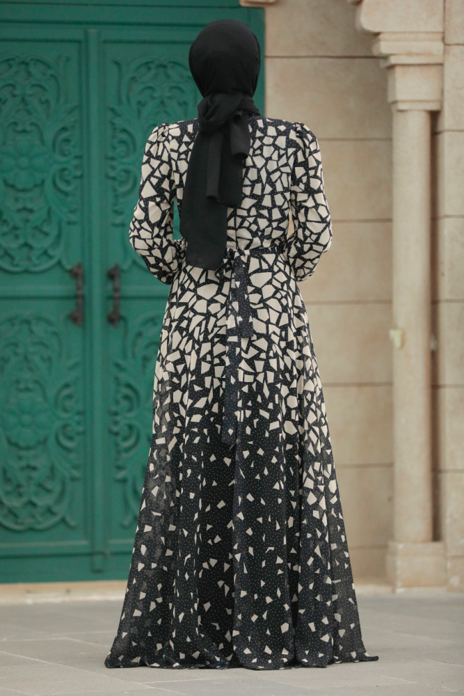  Desenli Siyah Tesettür Elbise 39461S - 4