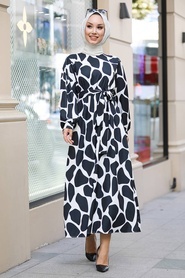 Neva Style - Desenli Siyah Tesettür Elbise 40230S - Thumbnail