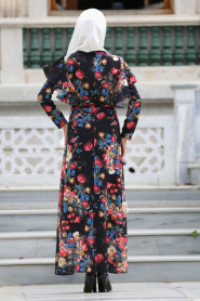 Neva Style - Desenli Siyah Tesettür Elbise 41591S - Thumbnail