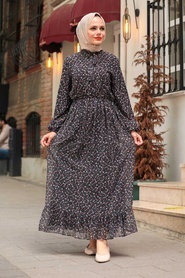 Neva Style -Desenli Siyah Tesettür Elbise 4339S - Thumbnail