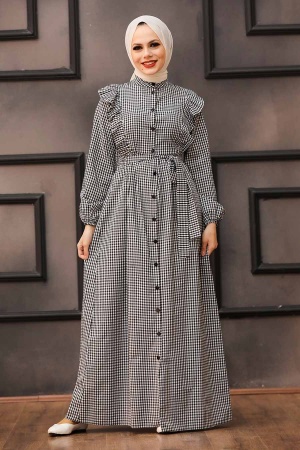 Neva Style - Desenli Siyah Tesettür Elbise 43501S - 1