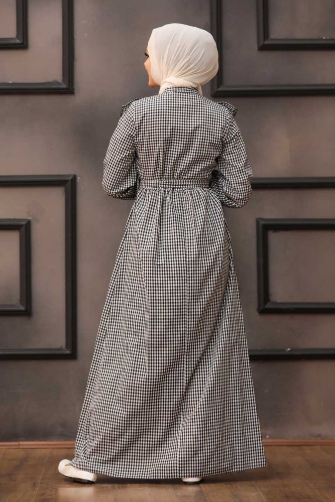 Neva Style - Desenli Siyah Tesettür Elbise 43501S - 2