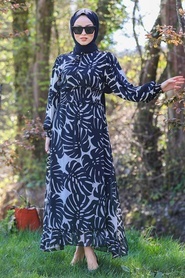 Neva Style - Desenli Siyah Tesettür Elbise 46090S - Thumbnail