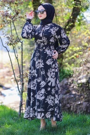 Neva Style - Desenli Siyah Tesettür Elbise 4609S - Thumbnail