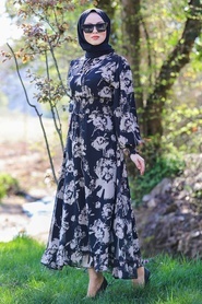 Neva Style - Desenli Siyah Tesettür Elbise 4609S - Thumbnail