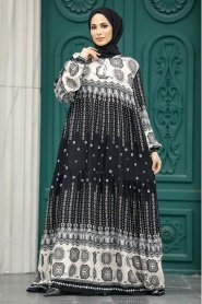Neva Style - Desenli Siyah Tesettür Elbise 50005S - Thumbnail