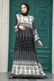 Neva Style - Desenli Siyah Tesettür Elbise 50005S - Thumbnail