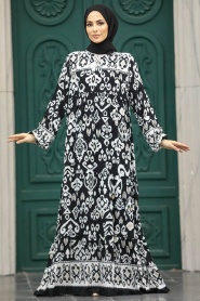Neva Style - Desenli Siyah Tesettür Elbise 50006S - Thumbnail