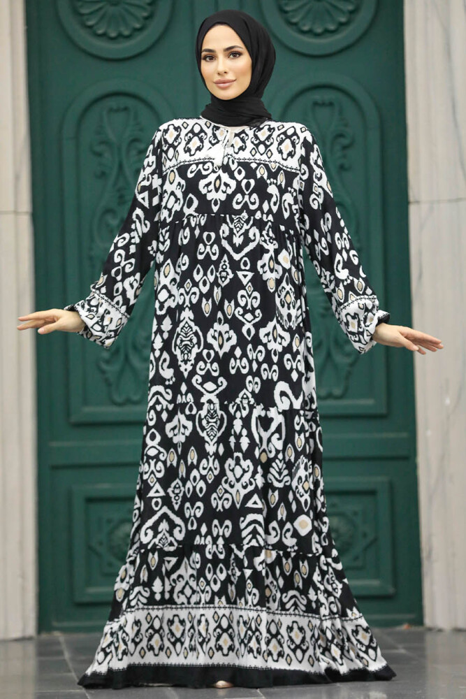 Neva Style - Desenli Siyah Tesettür Elbise 50006S - 1
