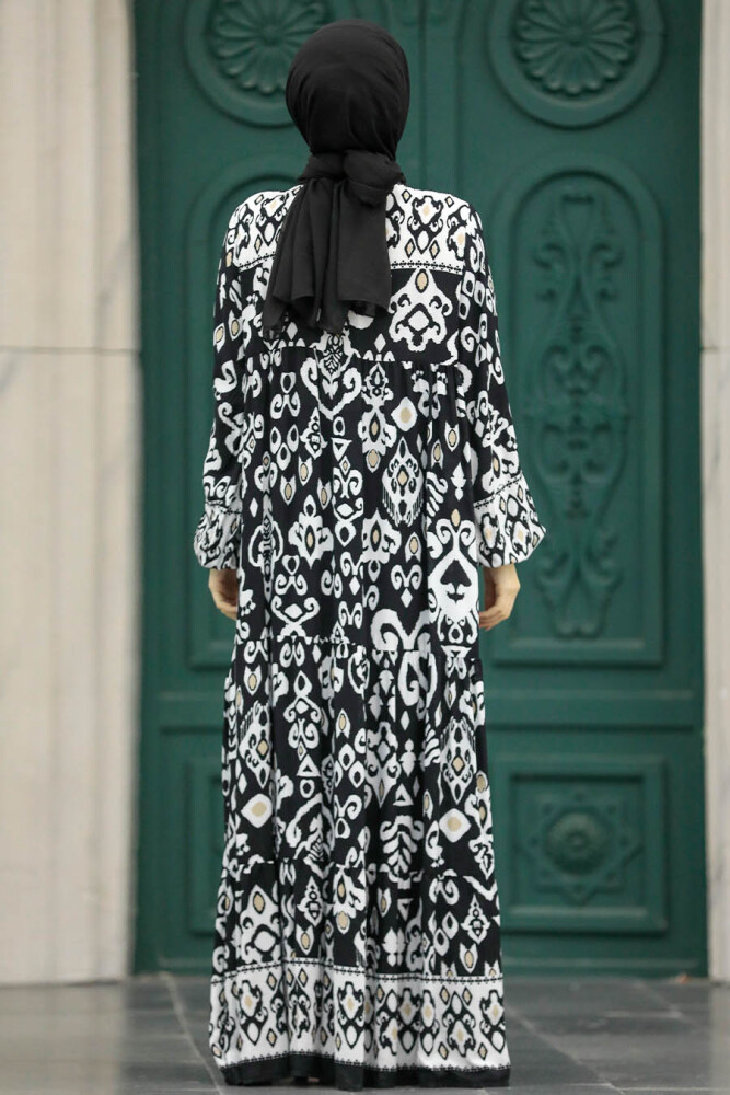 Neva Style - Desenli Siyah Tesettür Elbise 50006S - 3
