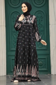 Neva Style - Desenli Siyah Tesettür Elbise 50092S - Thumbnail