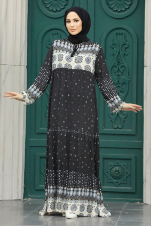  Desenli Siyah Tesettür Elbise 50094S - 3