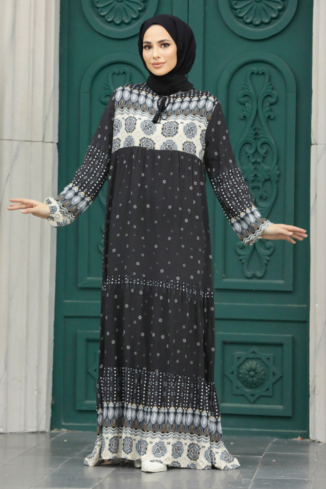  Desenli Siyah Tesettür Elbise 50094S - 3