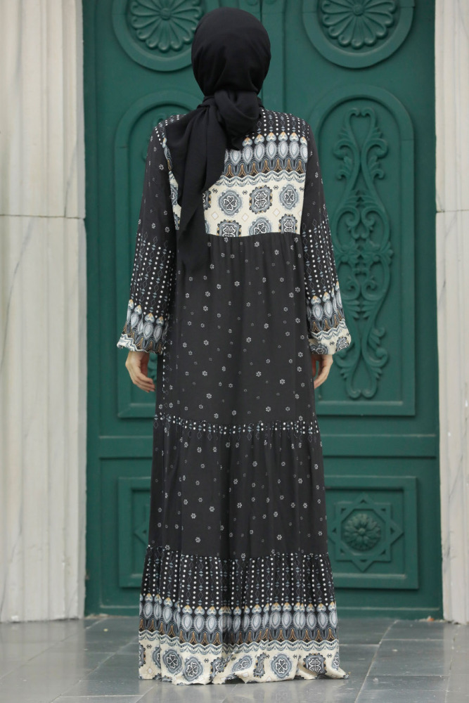  Desenli Siyah Tesettür Elbise 50094S - 4