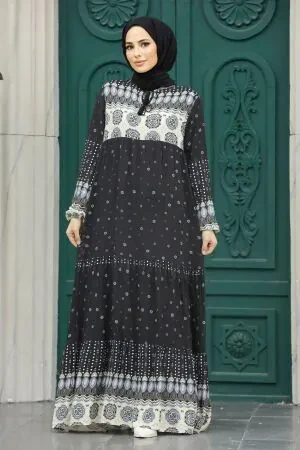  Desenli Siyah Tesettür Elbise 50094S - 1