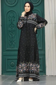 Neva Style - Desenli Siyah Tesettür Elbise 50095S - Thumbnail