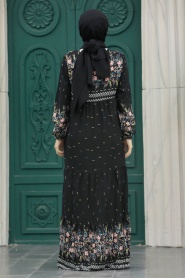 Neva Style - Desenli Siyah Tesettür Elbise 50095S - Thumbnail