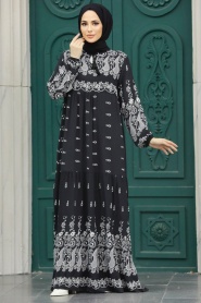 Neva Style - Desenli Siyah Tesettür Elbise 50096S - Thumbnail