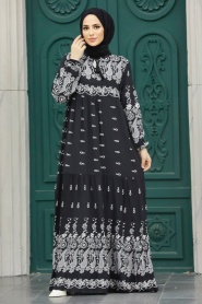 Neva Style - Desenli Siyah Tesettür Elbise 50096S - Thumbnail
