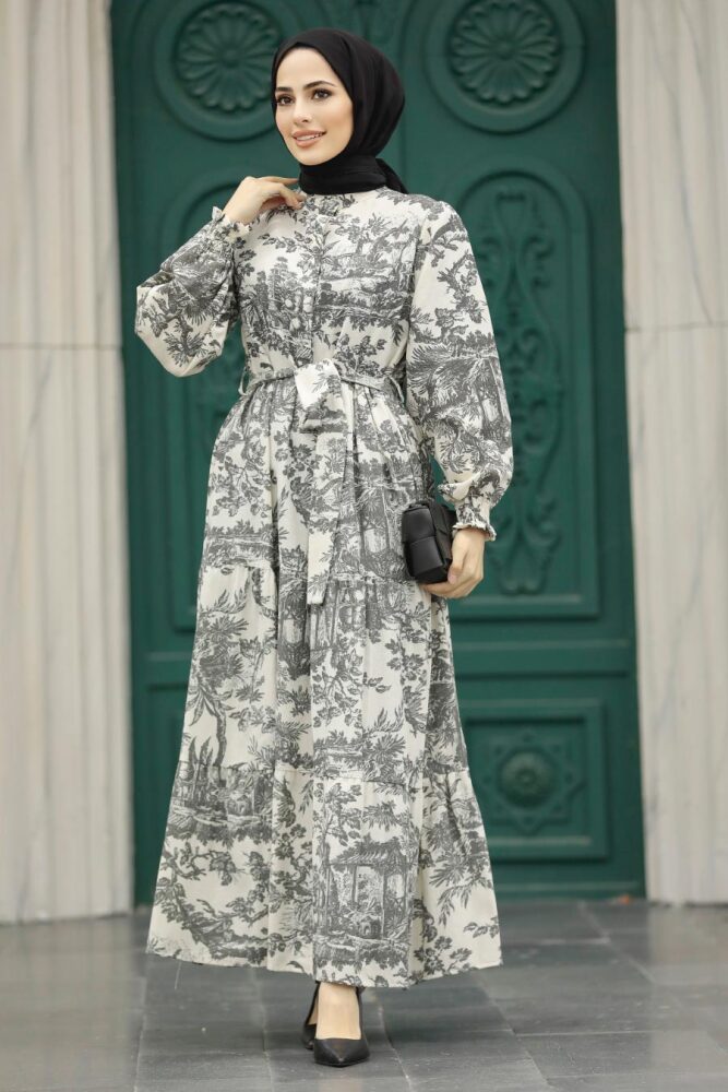 Neva Style - Desenli Siyah Tesettür Elbise 5888S - 2