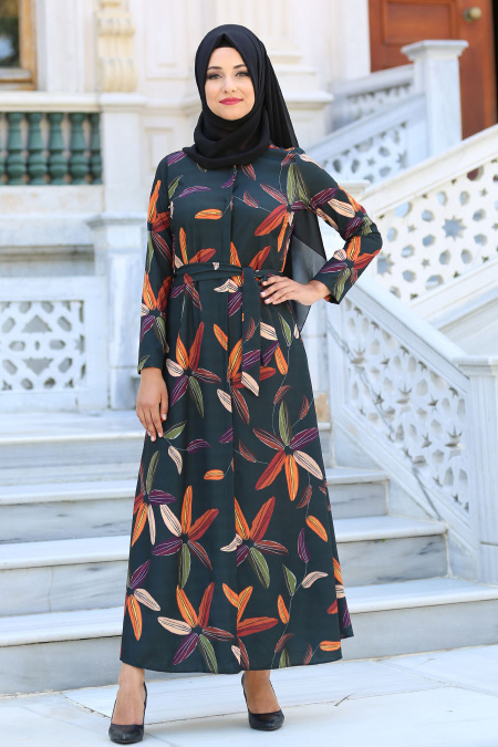 Neva Style - Desenli Siyah Tesettür Elbise 6001S