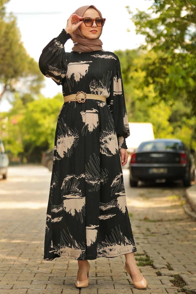 Neva Style - Desenli Siyah Tesettür Elbise 6087S - 1