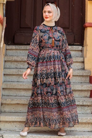  Desenli Siyah Tesettür Elbise 76440S - 3