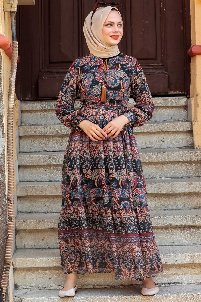  Desenli Siyah Tesettür Elbise 76440S - 2