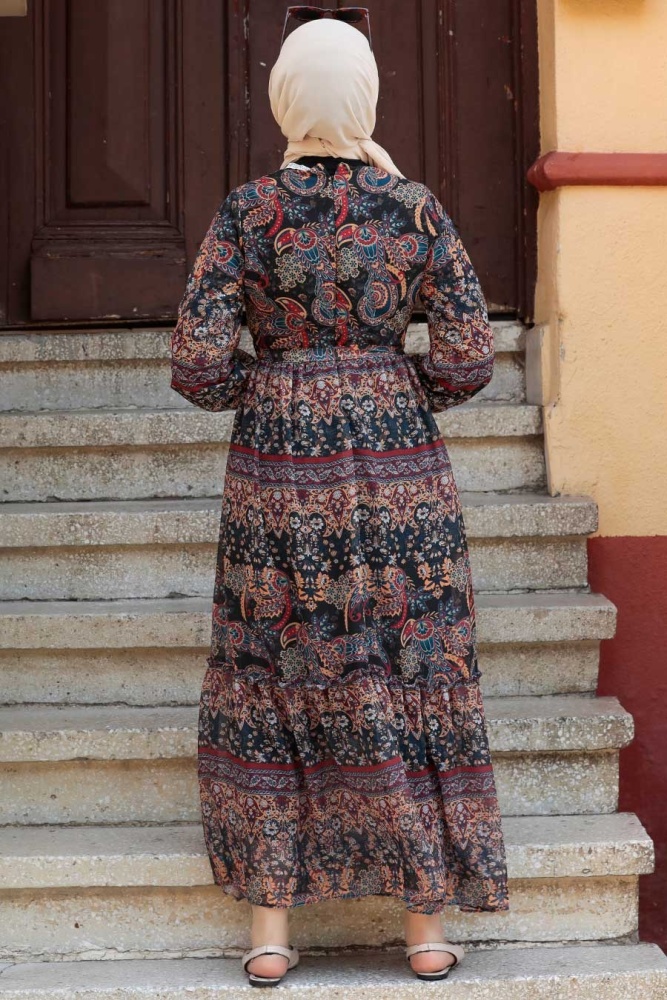  Desenli Siyah Tesettür Elbise 76440S - 5