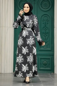 Neva Style - Desenli Siyah Tesettür Elbise 77301S - Thumbnail