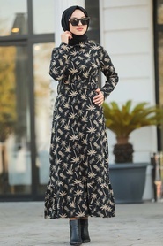 Neva Style - Desenli Siyah Tesettür Elbise 80362S - Thumbnail