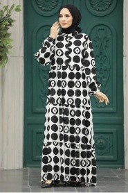 Neva Style - Desenli Siyah Tesettür Elbise 89741S - Thumbnail