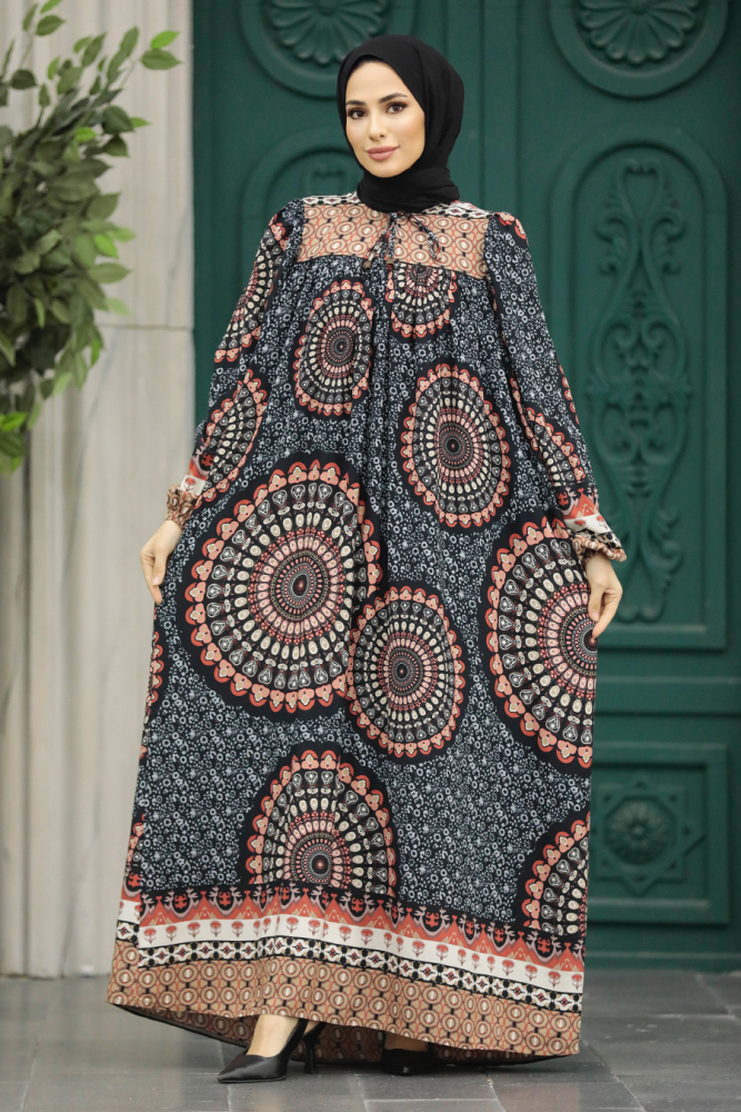Neva Style - Desenli Siyah Tesettür Elbise 9005S - 3