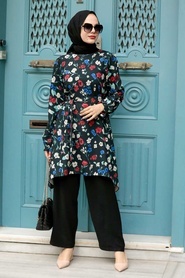 Neva Style - Desenli Siyah Tesettür İkili Takım 51850S - Thumbnail