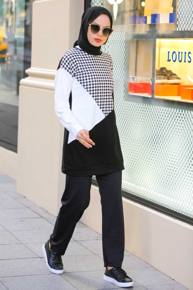 Neva Style - Desenli Siyah Tesettür İkili Takım 6907S - 1