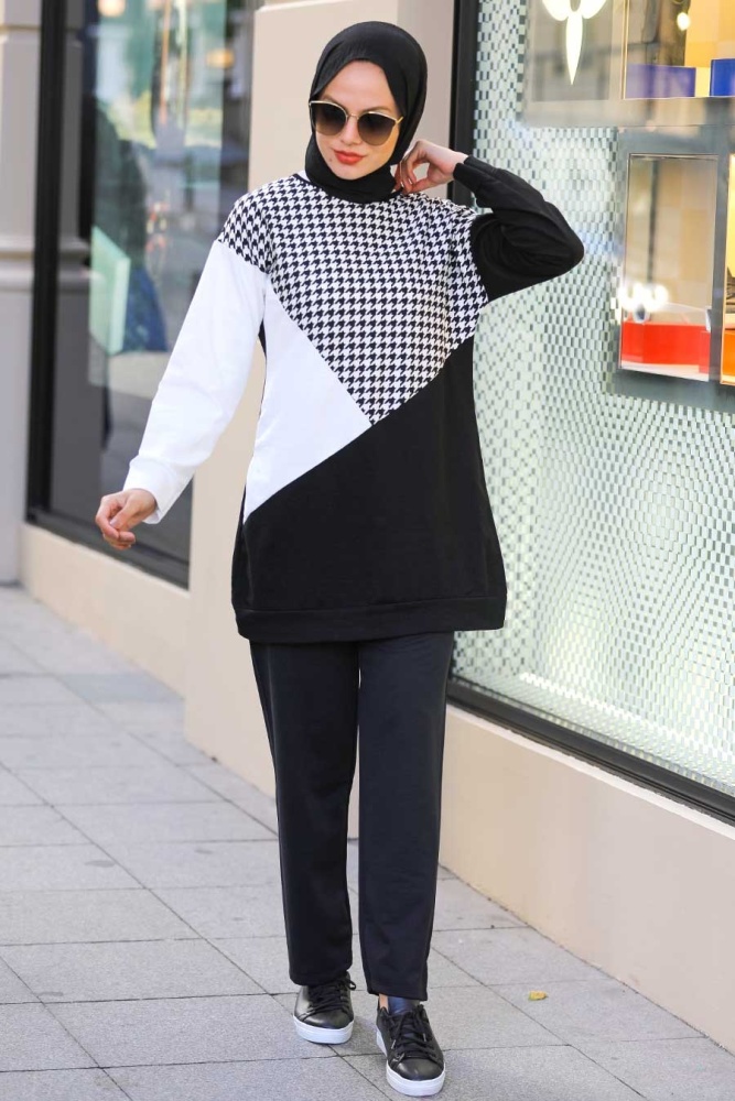 Neva Style - Desenli Siyah Tesettür İkili Takım 6907S - 2