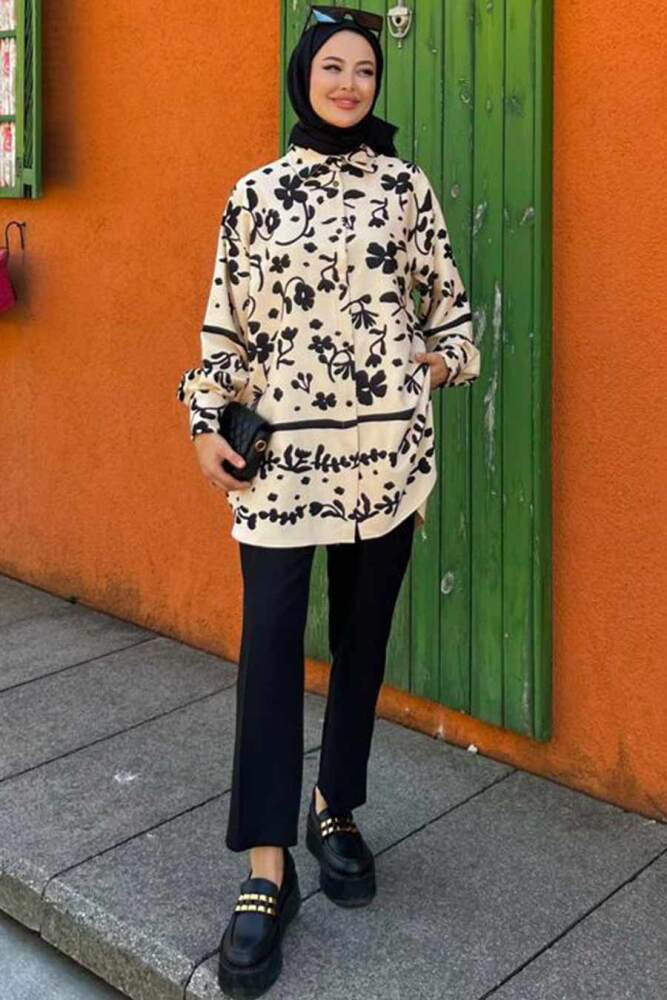 Neva Style - Desenli Siyah Tesettür İkili Takım 9293S - 1